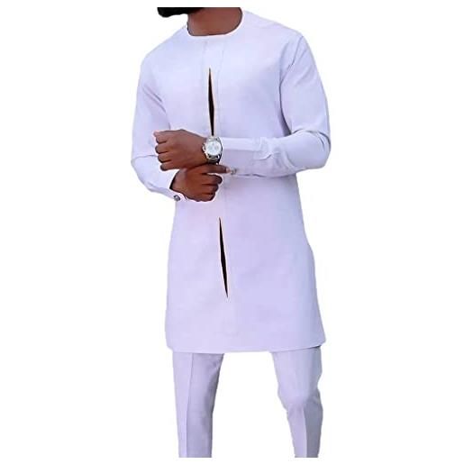 XSION abiti africani per uomo completo in 2 pezzi completo camicia e pantaloni manica lunga abito etnico tradizionale per la sera del matrimonio (color: white, size: xl)