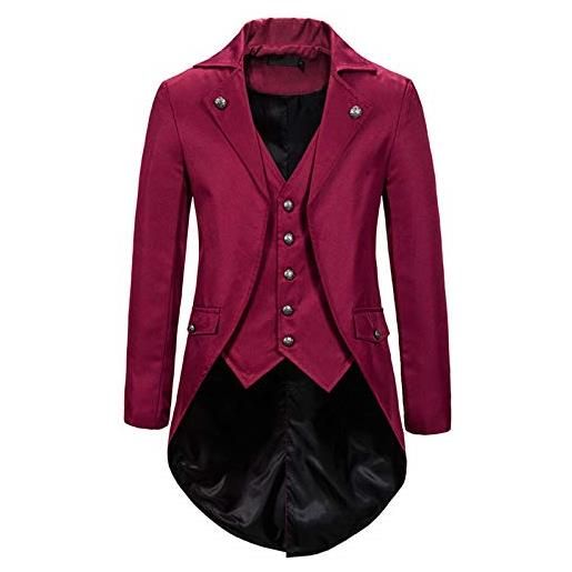 FSFA - giacca gotica a coda di pia, stile steampunk medievale da uomo, slim fit, con bottoni, ideale per smoking ed eleganti, con orlo irregolare, rosso, s
