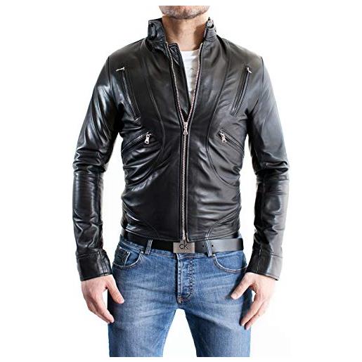 RINDWAY-IT giubbotto giacca in vera pelle uomo slim bottone collo accessori argento rindway, l, trapunta (autunno-inverno), nero