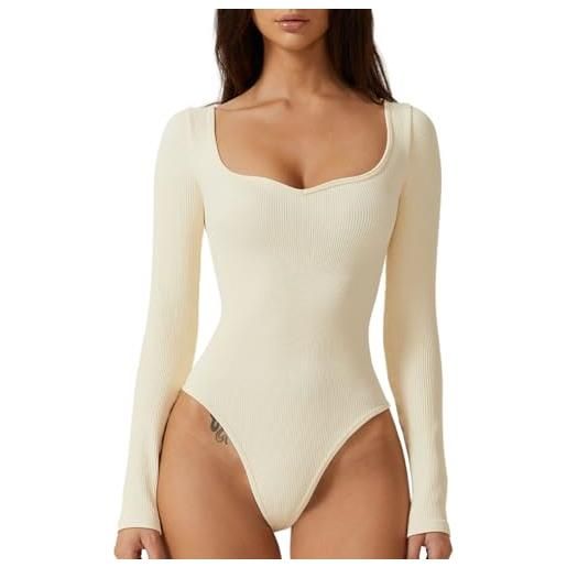 Meyeeka body da donna con scollo a cuore a maniche lunghe senza cuciture camicia basic stretch top, beige, small