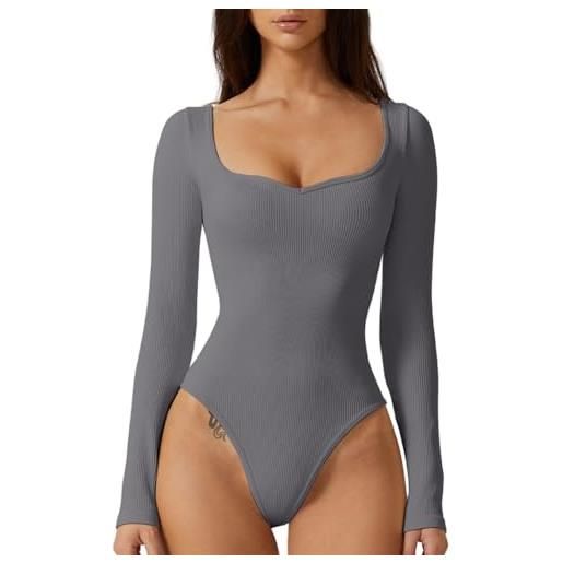Meyeeka body da donna con scollo a cuore a maniche lunghe senza cuciture camicia basic stretch top, grigio, small
