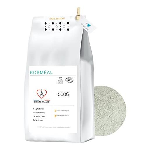 KOSMÉAL argilla bianca in polvere ventilata francese 500g - 100% puro e naturale - imballaggio ecologico carta kraft bianca