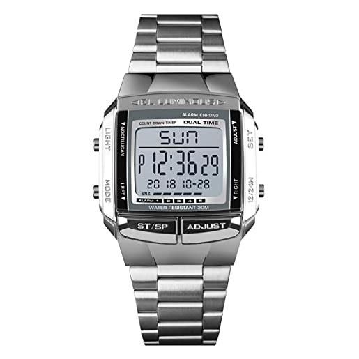 DERCLIVE orologio digitale da uomo, 30 m, resistente all'acqua, con sveglia 2 ore, per riunioni, affari, casual, argento