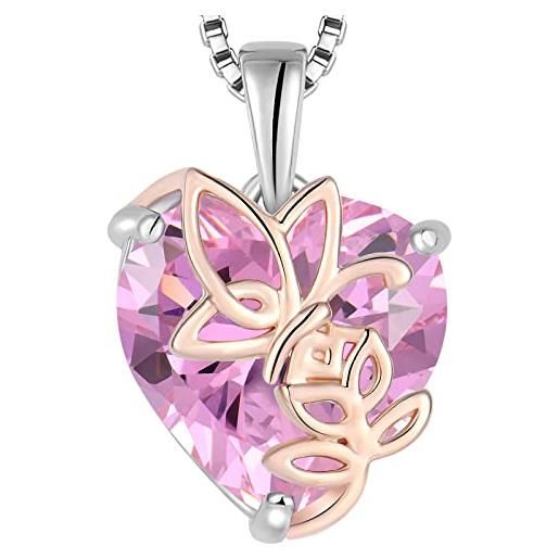 YL collana rosa farfalla cuore in argento 925 con ciondolo da donna con pietra portafortuna di ottobre rosa zirconia cubicaa cubica