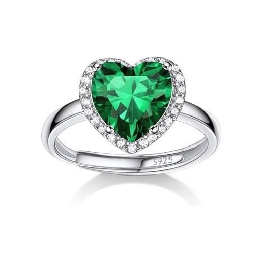 Bestyle anelli donna regolabili con pietra smeraldo maggio, anello regolabile con pietra portafortuna cuore anello argento 925 donna, confezione regalo