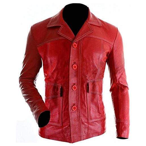 Aksah fashion s brad pitt tyler durden fight club giacca in pelle da uomo | project mayhem giacca cappotto di pelle rosso per gli uomini, similpelle. , l