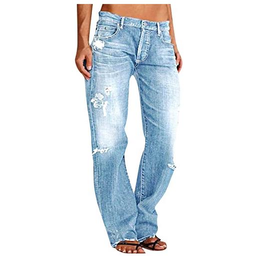 Générique jeans con gamba dritta, da donna, a vita bassa, con orlo strappato, da donna, pantaloni neri chic a vita alta, azzurro, s