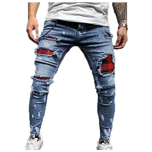 Each women jeans da uomo in denim scozzese slim punk rock pantaloni skinny in denim con patch strappate