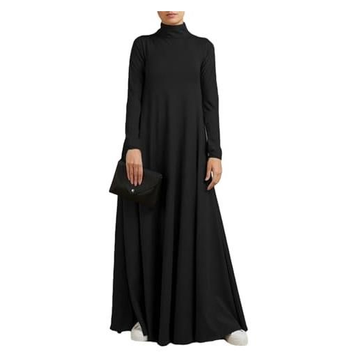 Washranp elegante abito lungo semplice casual delle donne maxi collo alto manica plus size tinta unita morbido elastico a-line lunghezza intera, nero , xl