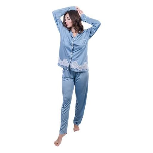 Ischia Tessile Ricami De Vivo pigiama donna in micromodal taglio uomo - pigiama morbido e resistente con bottoni in madreperla - taglie dalla s alla xl (xl, azzurro)