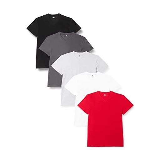 Lower East maglietta con scollo a v, uomo, bianco/grigio mélange/ferro battuto/nero/rosso (confezione da 5), s