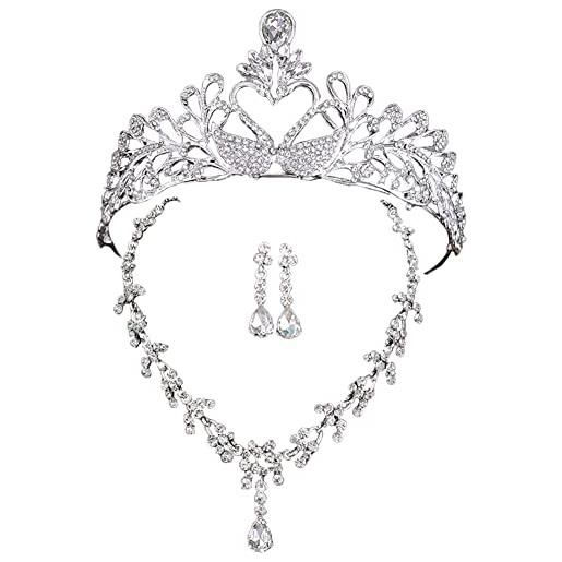 ZGCXRTO 3pcs collana tiara corona orecchini set, damigelle d'onore, collana di strass, orecchini per donna, braccialetto, cigno corona, cristallo forma di diadema di per ragazze gioielli