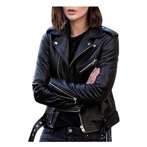 OnaiC giacca in pelle da donna, colore nero, in similpelle, taglie grandi, da motociclista, con risvolti, in pelle scamosciata, per le mezze stagioni, giacca corta da motociclista, in finta pelle, 