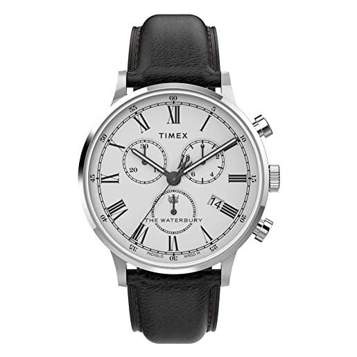 Timex men's waterbury classic chronograph 40mm steel/black/white leather strap watch stainless