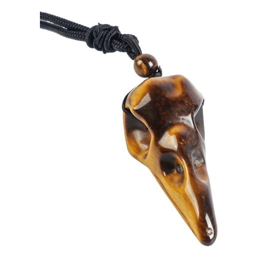 Lovionus89 collana con ciondolo a forma di teschio di corvo intagliato a mano, con cinturino regolabile, 47 mm, nessuna pietra preziosa, occhio di tigre. 