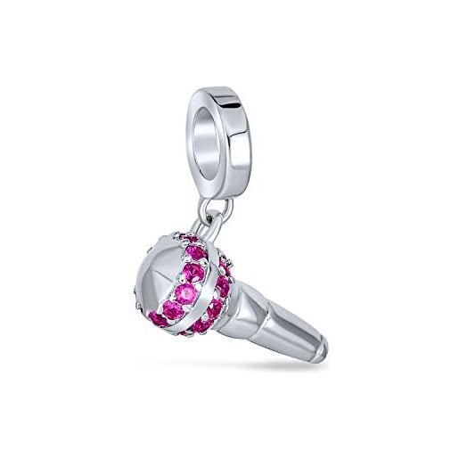 Bling Jewelry amante della musica microfono musica rosa cz pendenti goccia perlina charm per donne per adolescente. 925 argento adatto a bracciale europeo