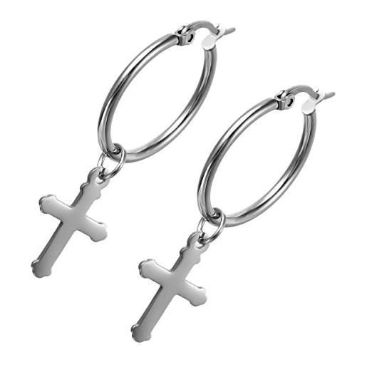 Cupimatch, orecchini a cerchio unisex in argento lucido e acciaio inox, con ciondolo a forma di croce, un perfetto regalo di natale