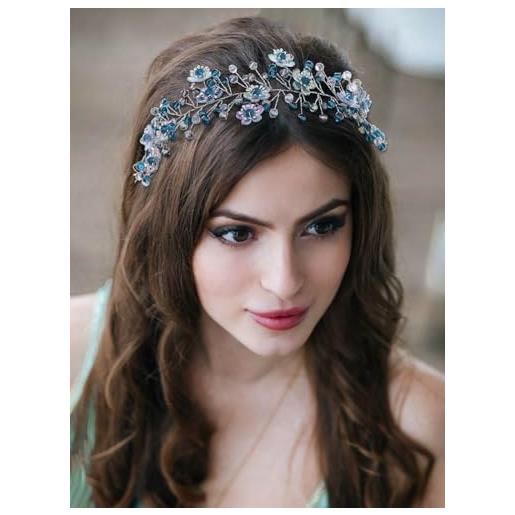 IYOU sposa matrimonio vite per capelli blu cristallo fascia fiore sposa damigella d'onore accessori per capelli per donne