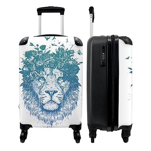 NoBoringSuitcases.com® valigia trolley bagaglio a mano piccola valigia da viaggio con 4 ruote - leone - fiori - uccelli - blu - bagaglio da tavola