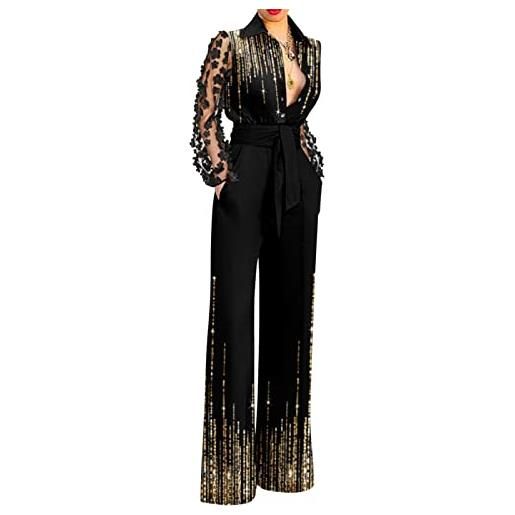 ORANDESIGNE monopezzi e tutine da donna tuta lunga jumpsuit elegante abito cerimonia tuta jumpsuit manica lunga casual patchwork stampa pagliaccetti pantaloni a gamba larga a oro l