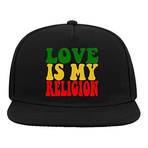 Generic love is my religion reggae logo cappello da baseball con visiera piatta snapback a 5 pannelli nero