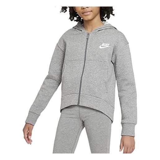 Nike g nsw club flc fz hoodie lbr maglia di tuta, carbon heather/white, 140 cm bambine e ragazze