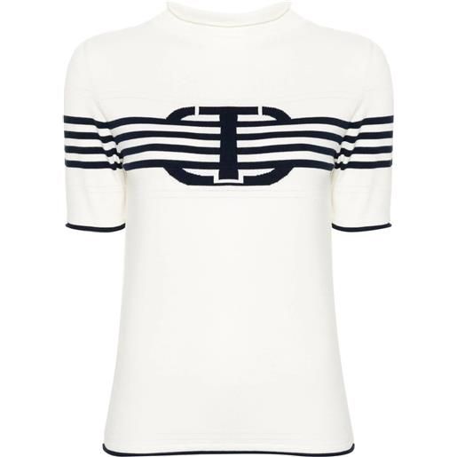 TWINSET short sleeves high neck striped sweater with logo