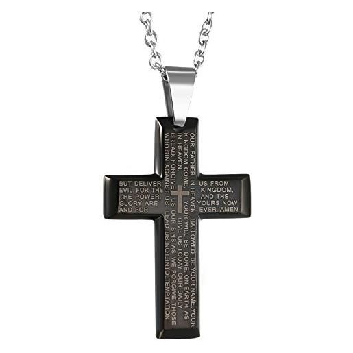 Oidea ciondolo a croce in acciaio inossidabile nero con preghiera bibbia con catenina in argento da 55 cm per uomo uomini