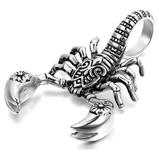 Oidea, collana da uomo con ciondolo a forma di scorpione, in acciaio inox, catenina 55 cm, collana da biker, color argento