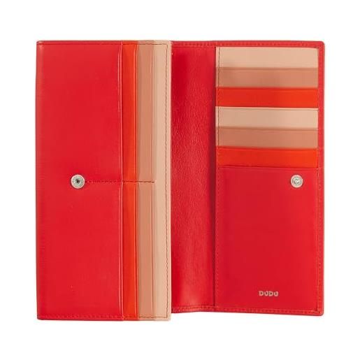 Dudu portafoglio donna pelle rfid design colorato lungo con portamonete zip 18 porta carte e chiusura a bottone rosso fiamma