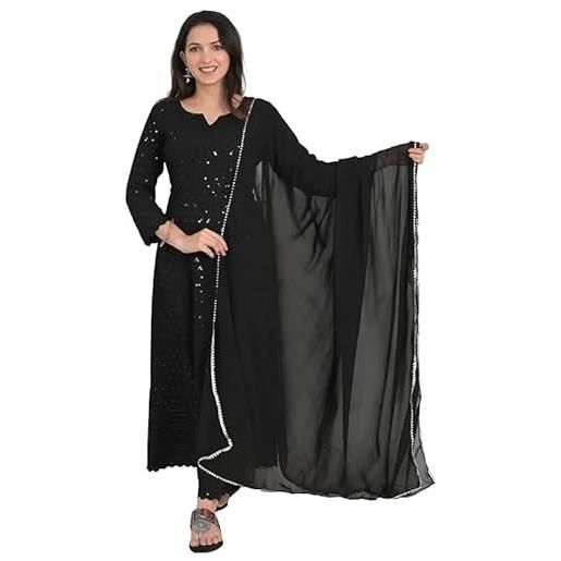 Generic aashita creations - abito da lavoro fatto a mano lucknowi anarkali kurti chikankari in cotone con dupatta, da donna, abito indiano, nero, large