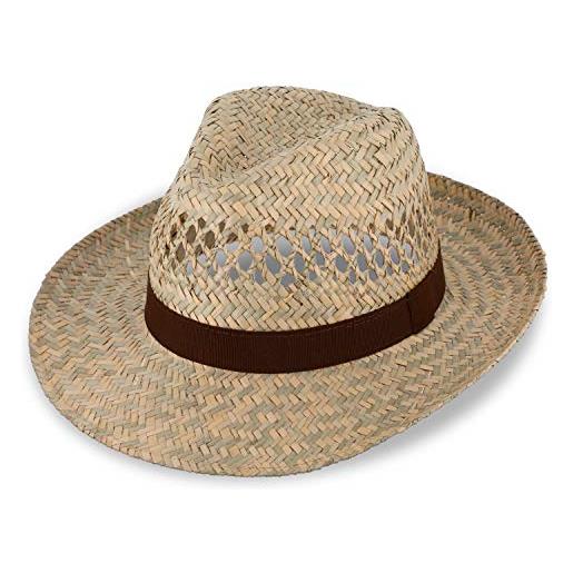 fiebig fedora cappello di paglia con nastro marrone | cappello da sole per uomo e donna | cappello bogart made in italy | cappello estivo a tesa larga in colore naturale (61-xl)