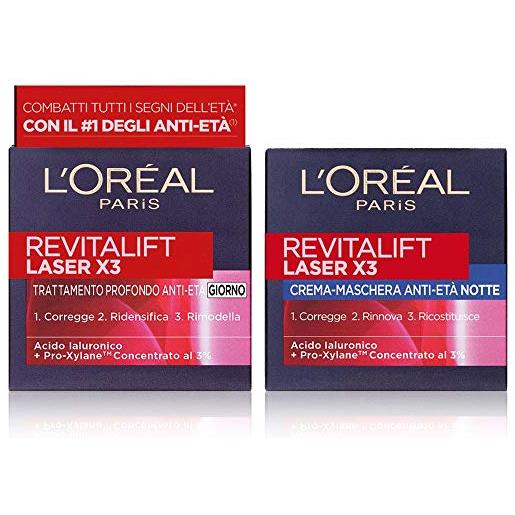 L'Oréal Paris revitalift laser x3 routine viso per combattere tutti i segni dell'età, include crema viso giorno + crema viso notte anti-rughe, arricchite con pro-xylane