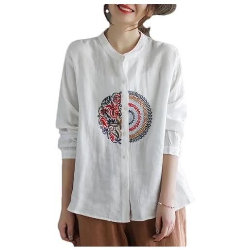 BoShiNuo camicia da donna con ricamo etnico irregolare cardigan corto sciolto camicetta cinese primavera manica lunga top, bianco, m