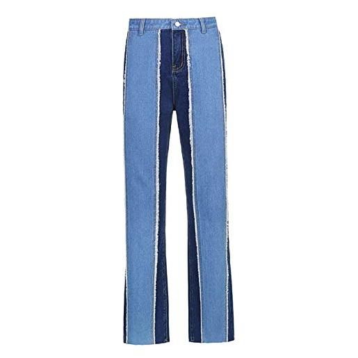 keepmore donne casuale patchwork jeans a vita alta y2k baggy jeans a gamba larga pantaloni vintage dritto pantaloni in denim streetwear
