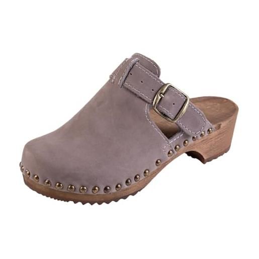 Buxa pe15 zoccoli donna legno, suola in legno naturale, scarpe di pelle, sabot pantofole ortopediche (grigio, 39)