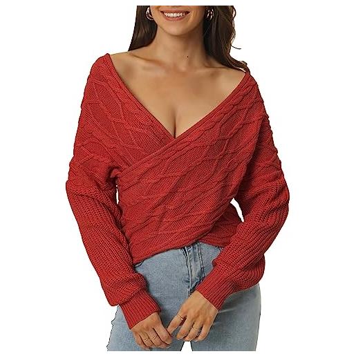 Seta T maglione pullover corto lavorato a maglia a maniche lunghe con scollo a v a maniche lunghe casual da donna 2023 vino rosso m