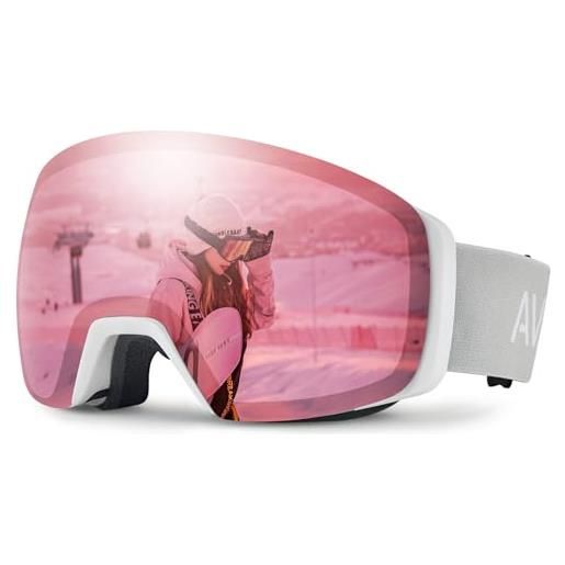 Carfia occhiali da sci donne, occhiali da sci, occhiali da sci per occhiali, occhiali da snowboard occhiali da sci, protezione 100% uv400 occhiali da neve anti-nebbia lenti rosa