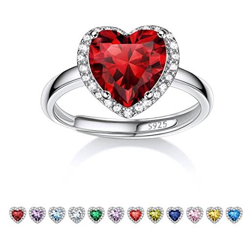 Bestyle anello donna argento 925 regolabile con pietra granato gennaio, anello regolabile con pietra portafortuna cuore anello argento 925 donna, confezione regalo
