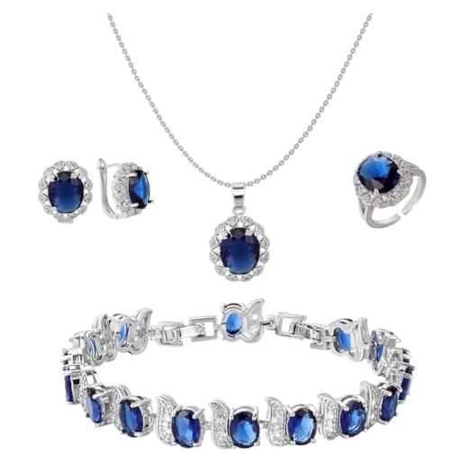 Emibele 4 pezzi set di gioielli, cubic zirconia orecchini di cristallo, set di orecchini anello bracciale e collana, gioielli regali per donne, matrimonio, anniversario, compleanno, festa, blu