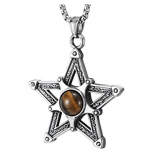 COOLSTEELANDBEYOND vintage pentagramma stella ciondolo pietra occhio di tigre pietre, collana con pendente da uomo donna, acciaio