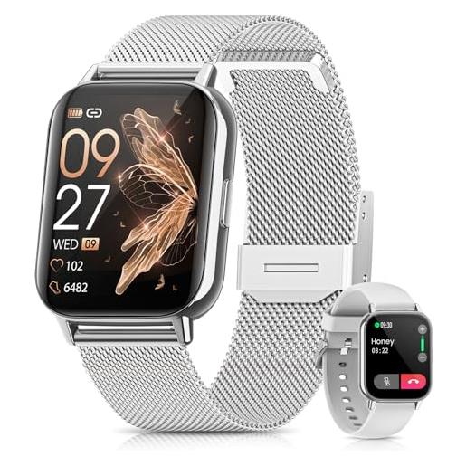 BANLVS smartwatch donna chiamate bluetooth 5.3, smartwatch orologio con cardiofrequenzimetro spo2 sonno fisiologia femminile molte modalità sportive notifiche messaggi calorie ios android argento