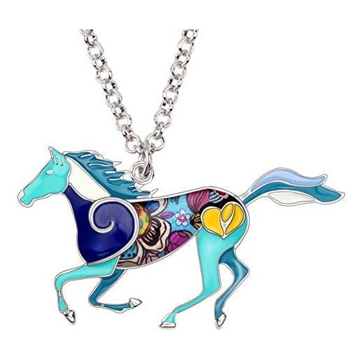 DOWAY collana con ciondolo in lega di cavallo da corsa con smalto floreale per donne e ragazze e acciaio inossidabile, colore: blu