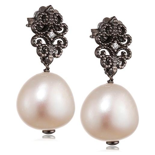 MISIS - orecchini donna in argento 925 brunito - perla di fiume e zirconi - lunghezza 2.5 cm - made in italy - or08906b