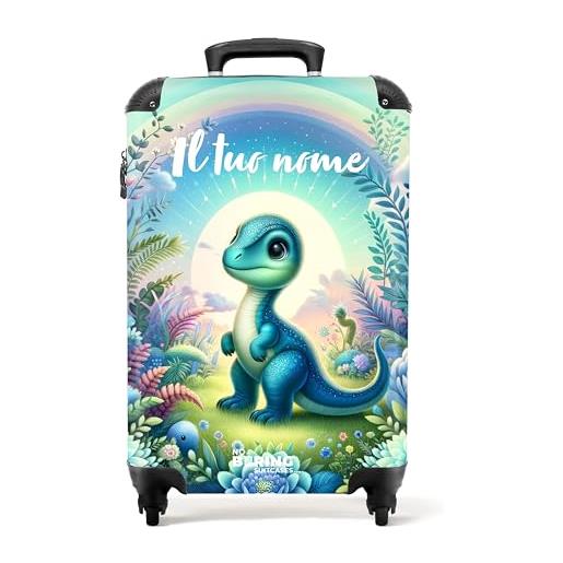 NoBoringSuitcases.com © valigie per bambini valigie da viaggio valigia per bambini bagagli per bambini da baglagio a mano - valigia media in 24 immagini (dinosauro blu in mezzo a fiori, 55x40x20 cm)