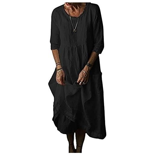 Shinyforetooth abito da donna in lino manica 3/4 abito estivo casual maxi abito vintage etnico spiaggia abiti lunghi plus size tunica s-5xl, nero , l