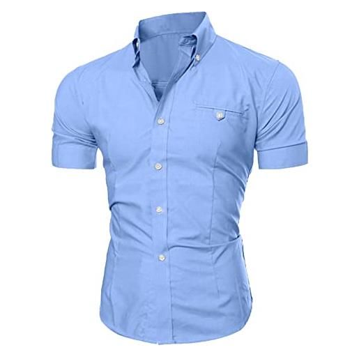 Hinewsa uomo camicie top estate social chemise uomo manica corta camicia tinta unita business slim fitness camicie, blu, l
