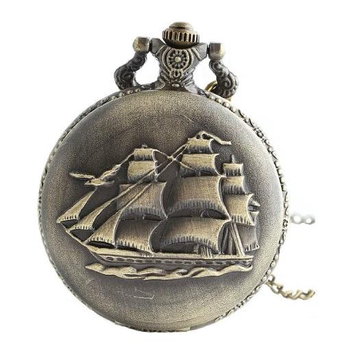 Infinite U - orologio da tasca con ciondolo a forma di nave da guerra, stile retrò, con ciondolo a forma di nave pirata