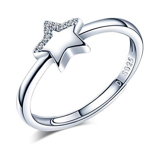 Yumilok - anello regolabile in argento 925, per donne e ragazze, con stella carina e zirconi brillanti, anello aperto