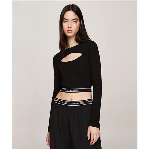 Tommy jeans top crop con cut out e nastro logo nero donna